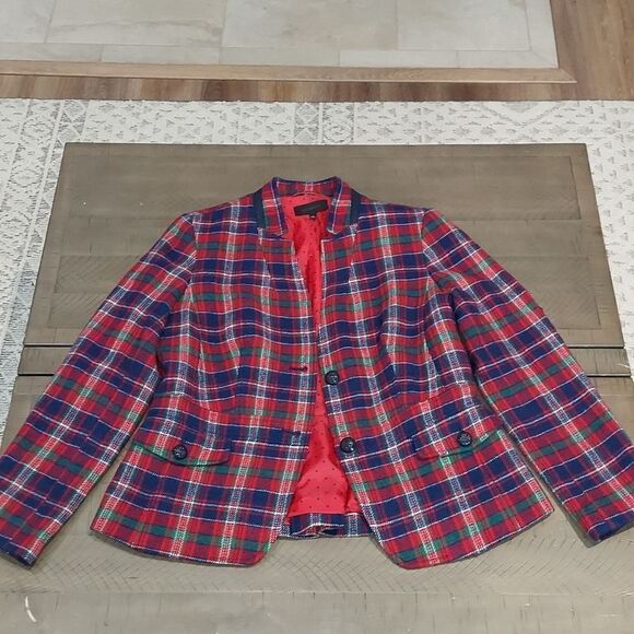 Talbots Red Blue Tartan Plaid Wool Blazer Sz 10 - Picture 1 of 10
